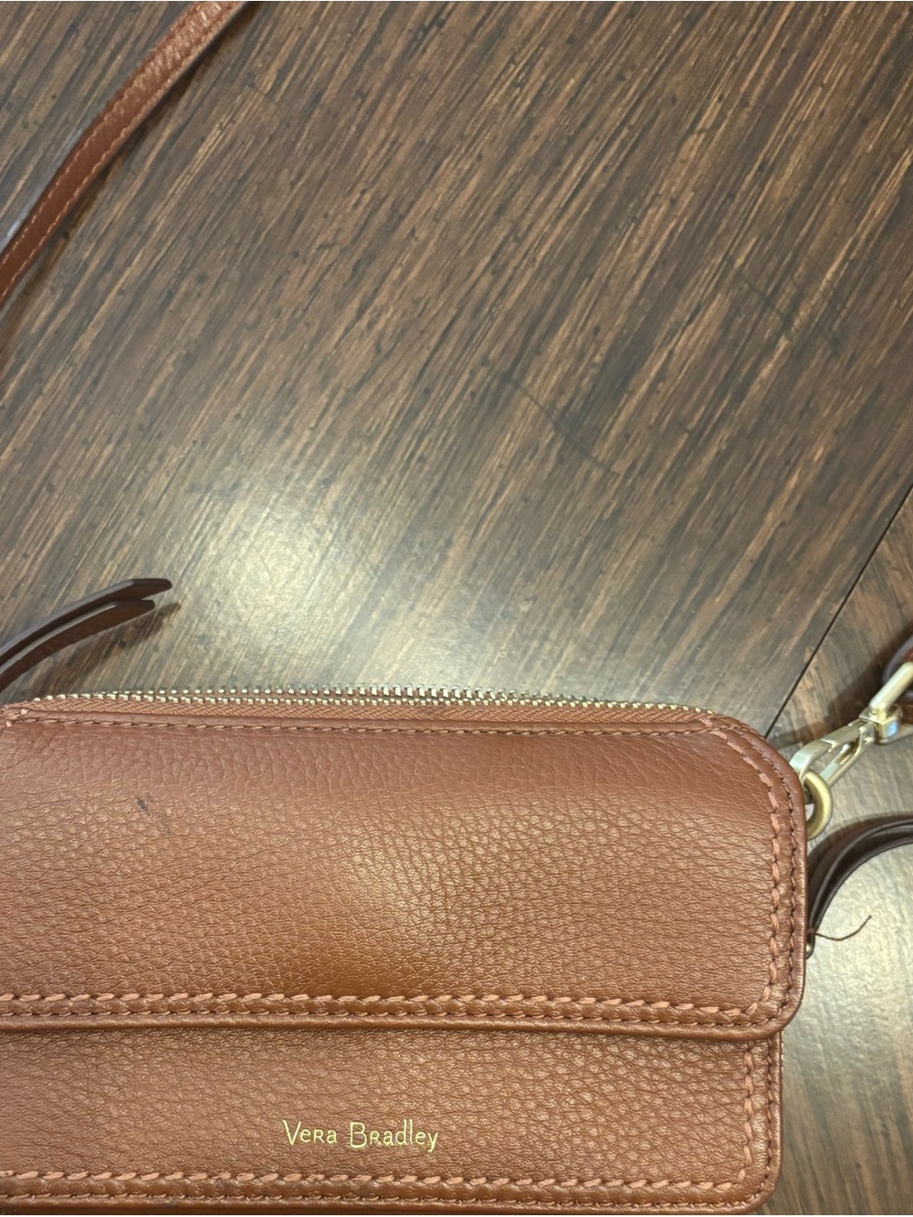 Vera Bradley Brown Leather Crossbody Wallet with Gold Logo